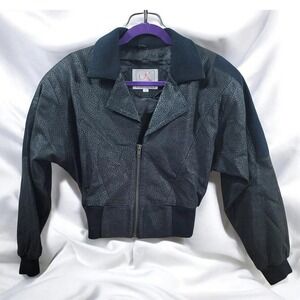 RINZI COLLECTION International Leather Bomber Jacket Women Medium Black Textured